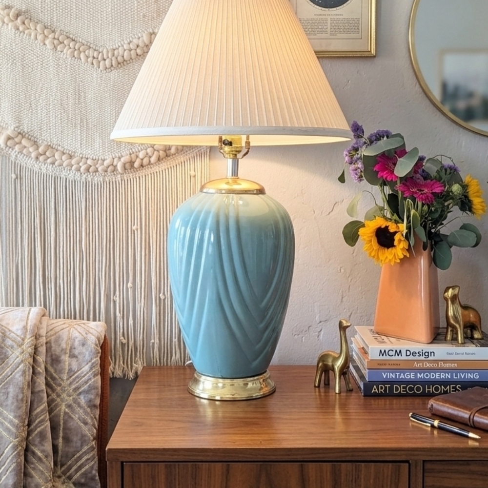 Vintage Pastel Teal Ceramic Table Lamp 20” Tall Retro Mid Century Style